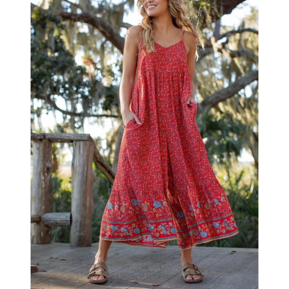 Natural Life Jamie Wide Leg Jumpsuit Medium Floral Boho Red
